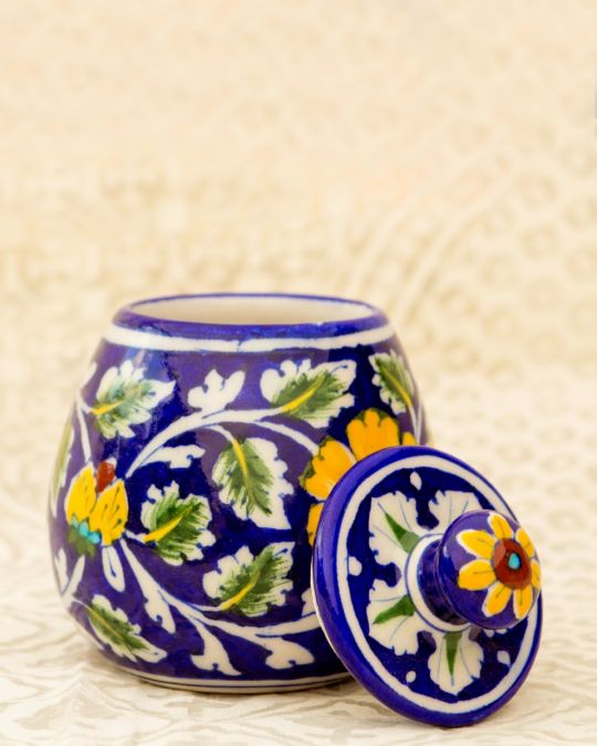 Blue Pottery- Floral Design Handcrafted Condiment Jar