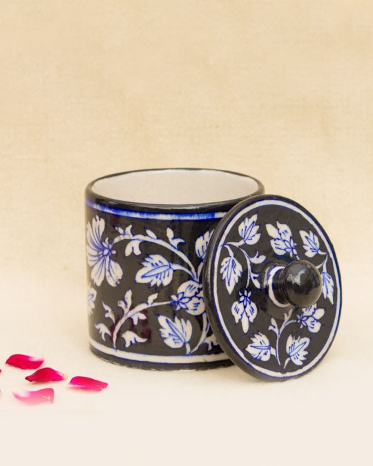 Blue Pottery - Multi-Purpose Utility Jar in White Floral Design