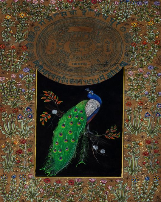Peacock miniature painting on old stamp paper (unframed)