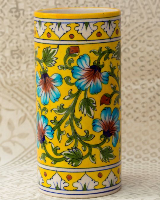 Blue Pottery- Handcrafted Cylindrical Vase(Yellow)