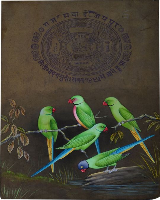 Parrots Painting on Old Stamp Paper (unframed)