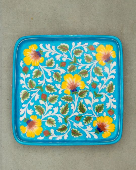 Handcrafted Blue Pottery Floral Design Serving Tray