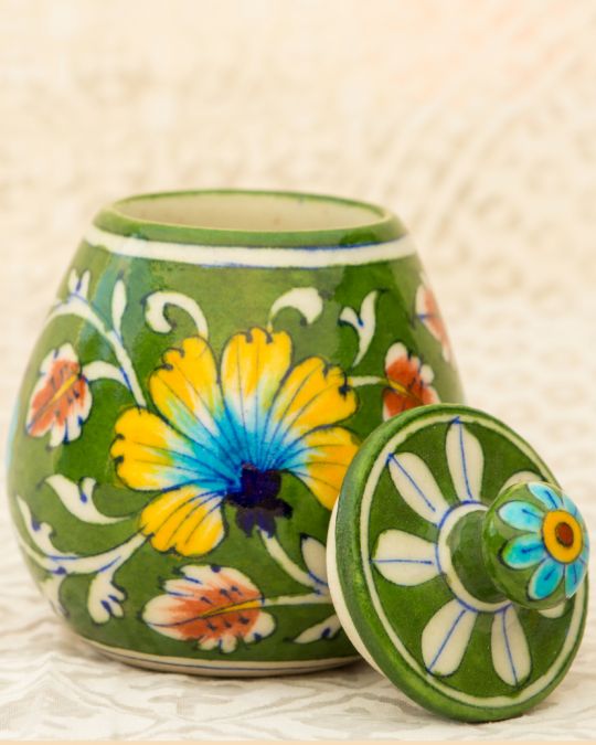 Blue Pottery- Handcrafted Green Sugar Pot