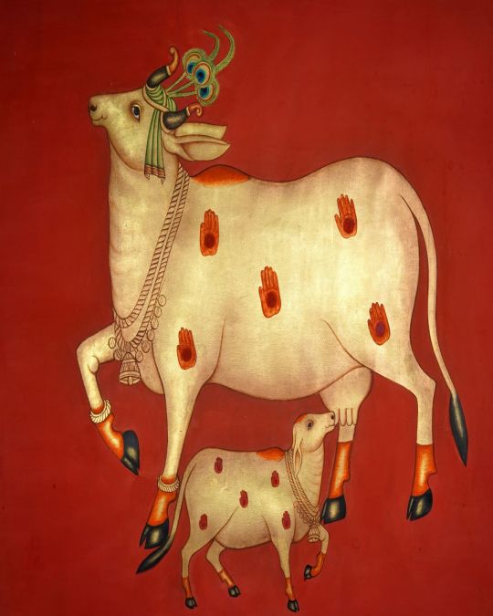 Painting of Cow and Calf on Cotton Cloth (unframed)