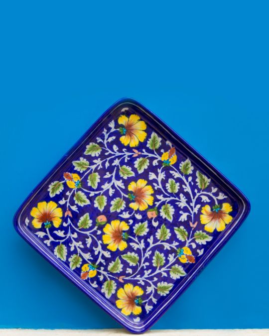 Blue Pottery Floral Design Tray- Blue