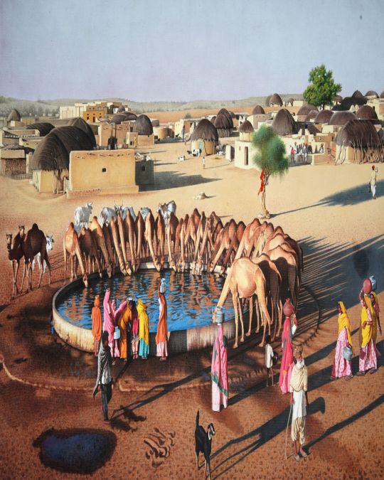 Camels Drinking Water Canvas Painting (unframed)