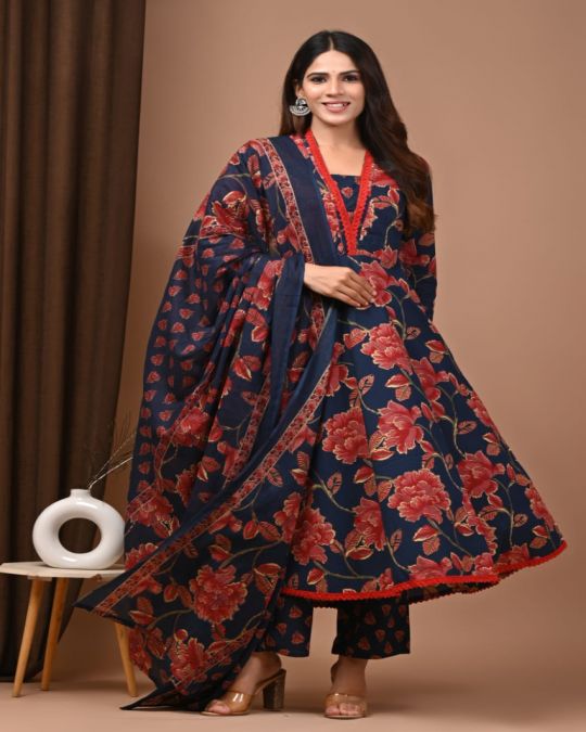 Blue-Black Handblock Cotton Anarkali Suit Set with Dupatta & Palazzo