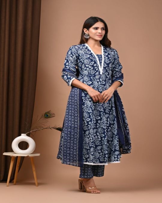 Blue-White Handblock Printed Cotton Anarkali Suit with Dupatta & Palazzo