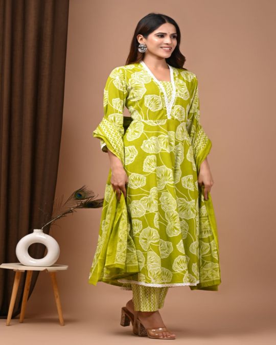 Lime Green Handblock Cotton Anarkali Suit Set with Dupatta & Palazzo