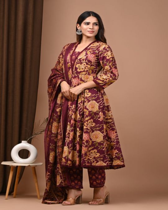 Maroon Handblock Printed Cotton Anarkali Suit with Dupatta & Palazzo