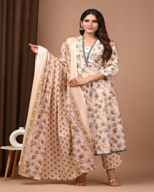 Off-White Handblock Cotton Anarkali Suit Set with Dupatta & Palazzo