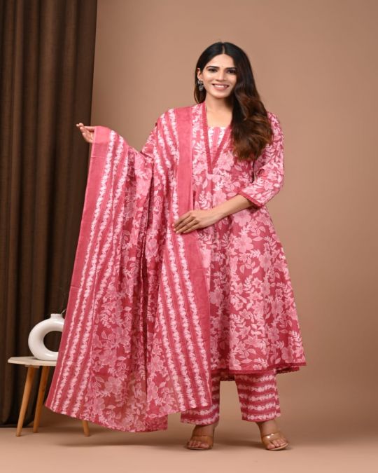 Pink Floral Handblock Cotton Anarkali Suit with Dupatta & Palazzo