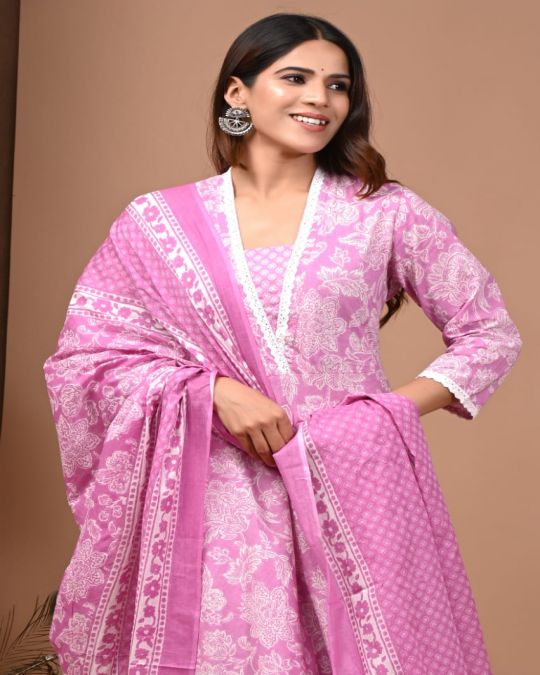 Pink & White Handblock Printed Cotton Anarkali Suit with Dupatta & Palazzo