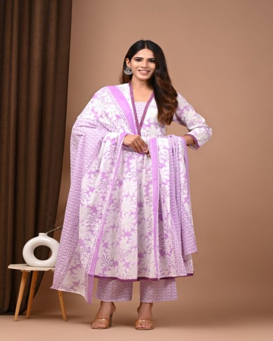 Pink-White Floral Handblock Cotton Anarkali Suit Set with Dupatta & Palazzo