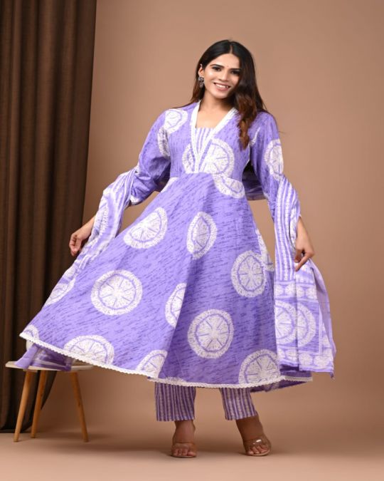 Purple Handblock Printed Cotton Anarkali Suit with Dupatta & Palazzo