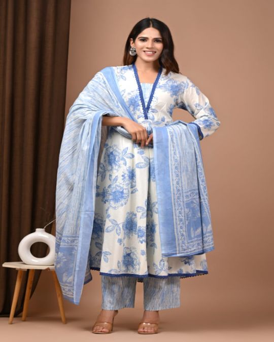 White-Blue Handblock Cotton Anarkali Suit Set with Dupatta & Palazzo