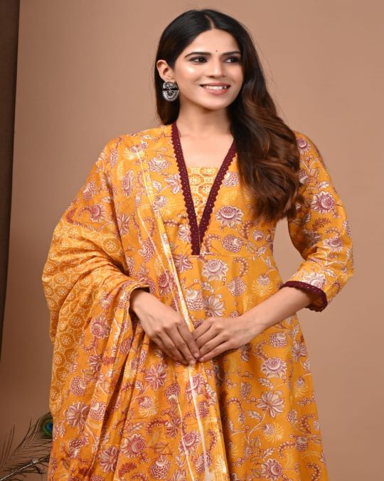 Yellow Floral Handblock Printed Cotton Anarkali Suit with Dupatta & Palazzo