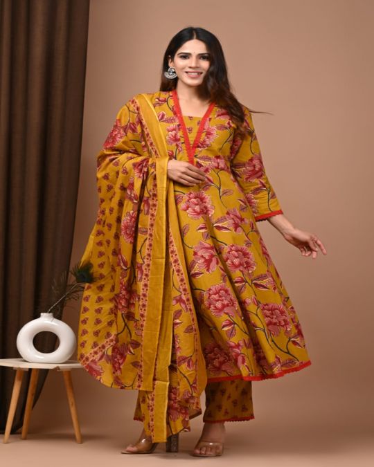 Bright Yellow Handblock Cotton Anarkali Suit Set with Dupatta & Palazzo