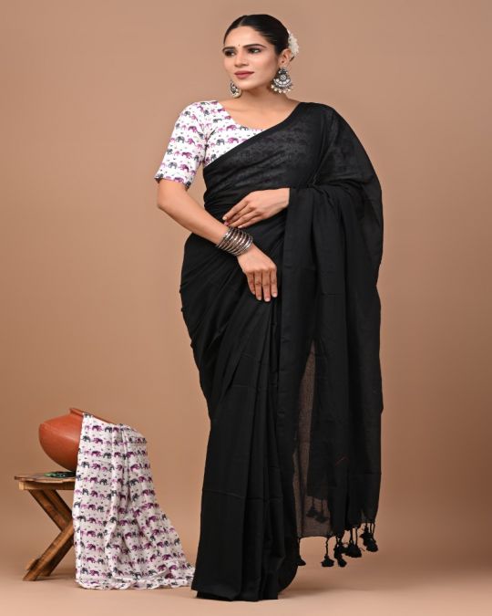 Black Khadi Cotton Saree with Blouse