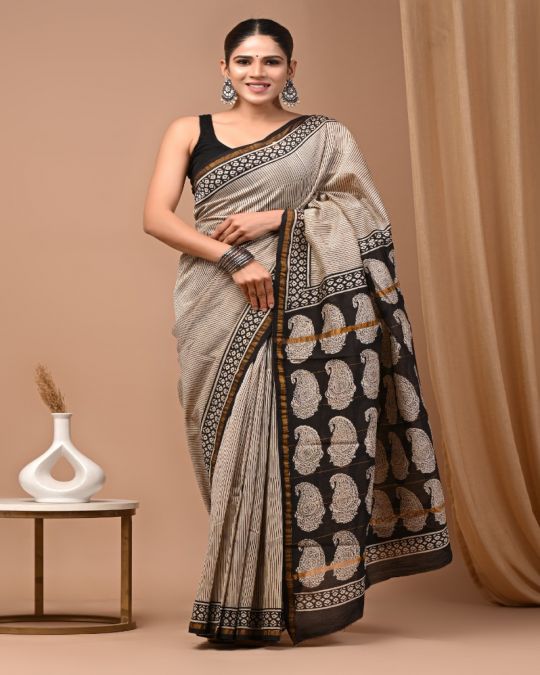 Bagru Hand Block Chanderi Silk Saree