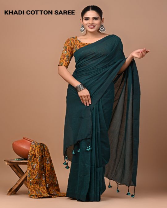 Bottle Green Khadi Cotton Saree with Blouse