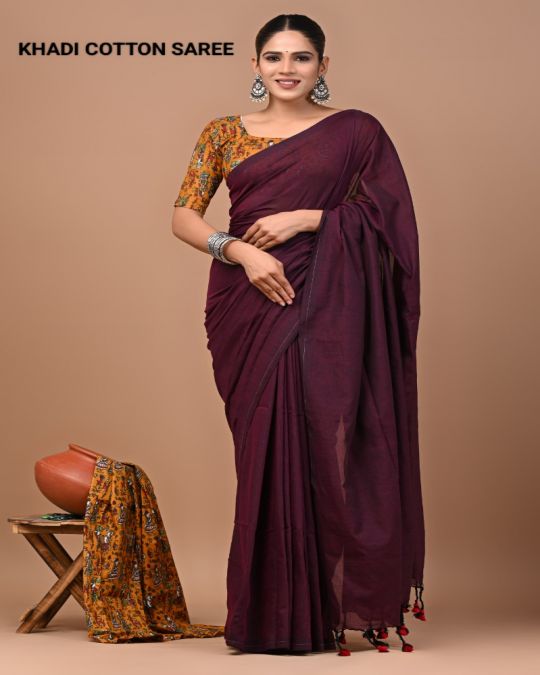 Dark Red Khadi Cotton Saree with Blouse