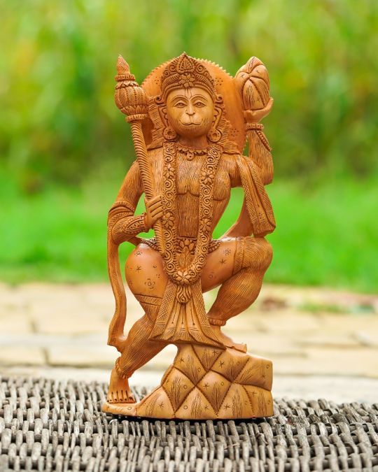 Hand-Carved Wooden Figurine of God Hanuman