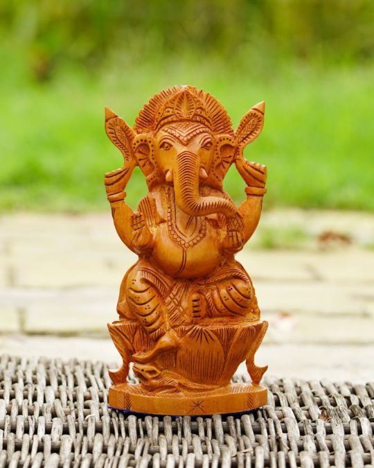 Hand-Carved Wooden Ganesh Statue - Wooden Handicraft