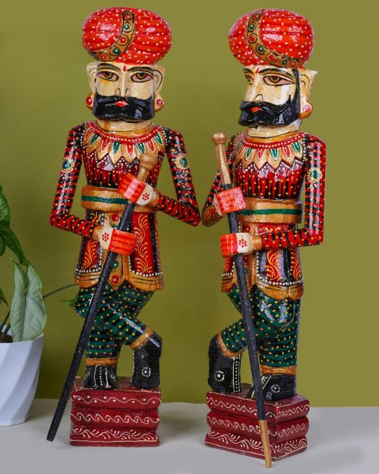 Hand-Painted Wooden Rajasthani Darban 'Gatekeeper' Statue
