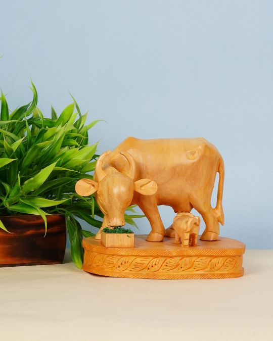 Wooden Hand-Carved Cow Statue