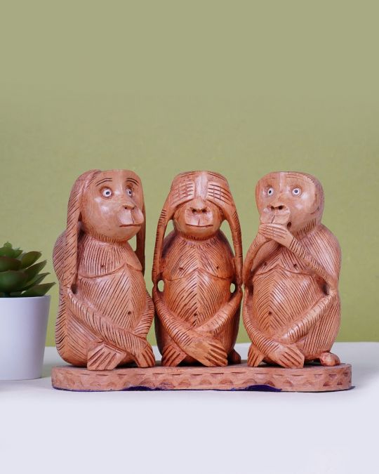 Hand-Carved Three Monkey Statue - Wooden Handicraft