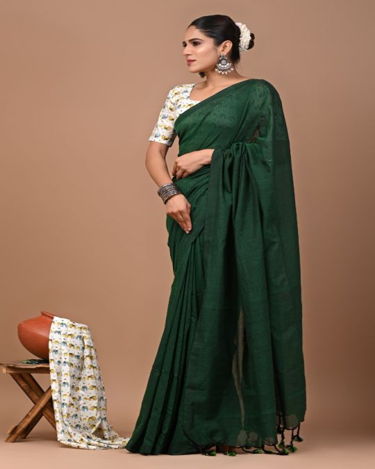 Green Khadi Cotton Saree with Blouse