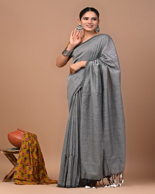 Grey Khadi Cotton Saree with Blouse