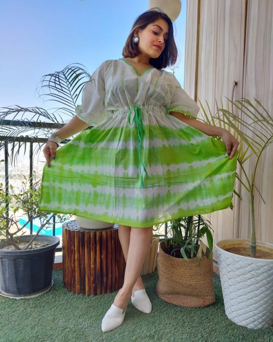 Bagru Block Printed Short Kaftan Green and White