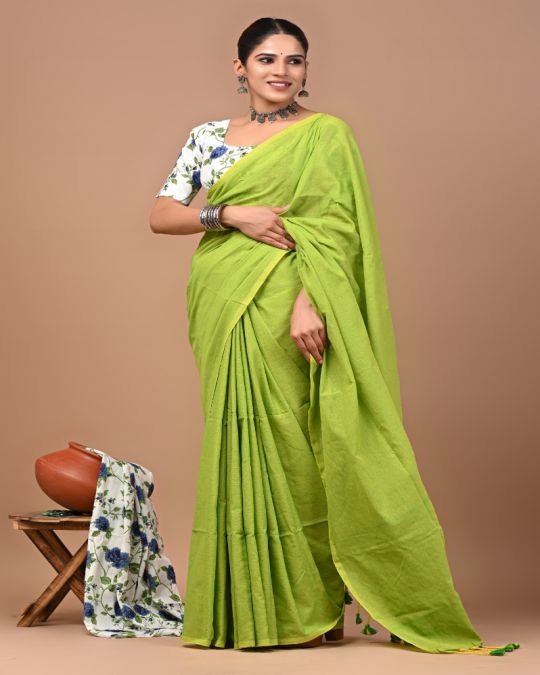 Lime Green Khadi Cotton Saree with Blouse