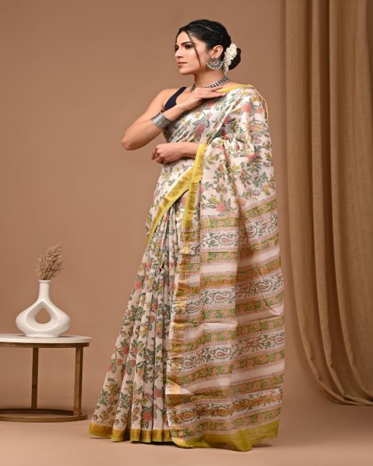 Bagru Hand Block Printed Maheshwari Silk Saree