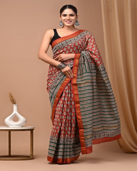 Bagru Hand Block Printed Maheshwari Silk Saree