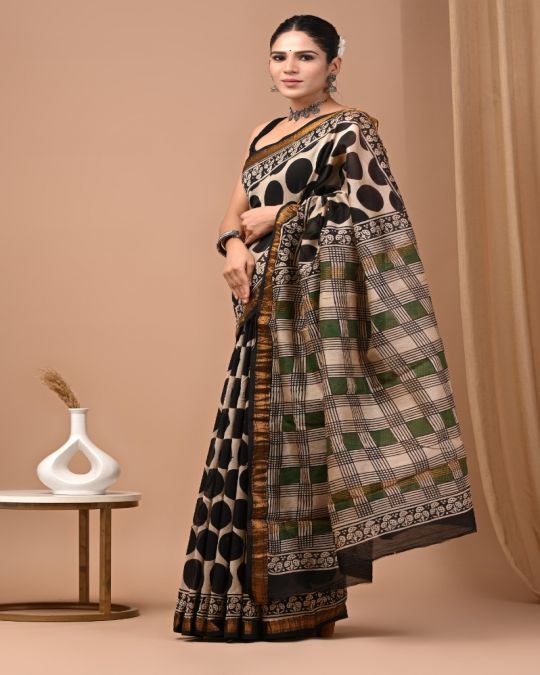 Bagru Hand Block Printed Maheshwari Silk Saree