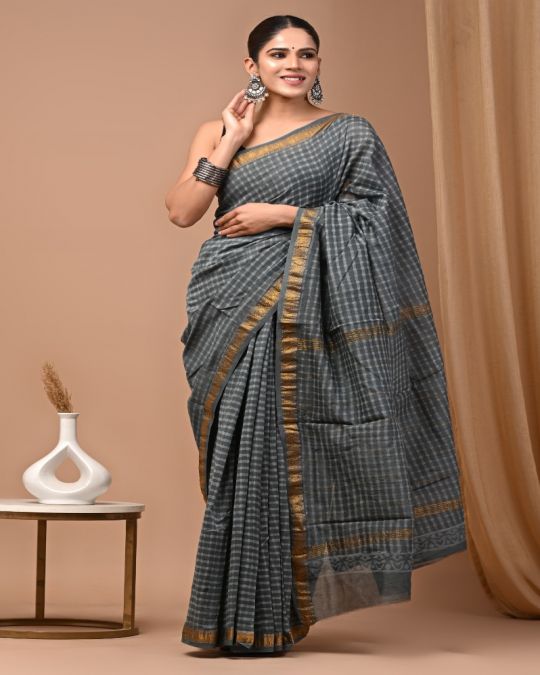 Bagru Hand Block Printed Maheshwari Silk Saree
