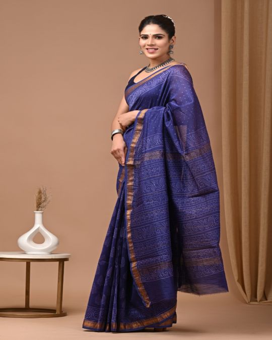 Bagru Hand Block Printed Maheshwari Silk Saree