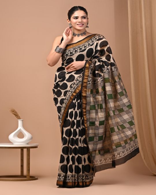 Bagru Hand Block Printed Maheshwari Silk Saree
