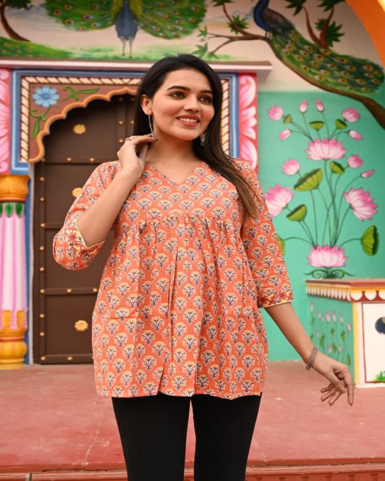 Bagru Print V neck Top