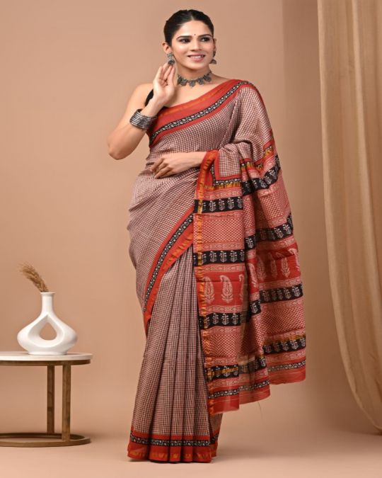 Bagru Hand Block Printed Chanderi Saree