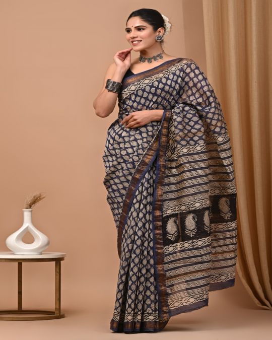 Bagru Hand Block Printed Maheshwari Silk Saree