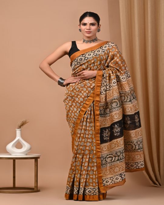 Bagru Hand Block Printed Maheshwari Silk Saree