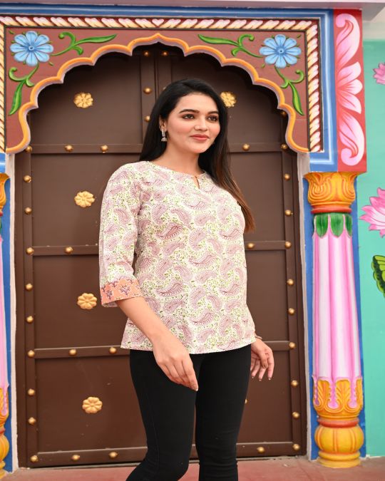 White Pink Motif Kurti