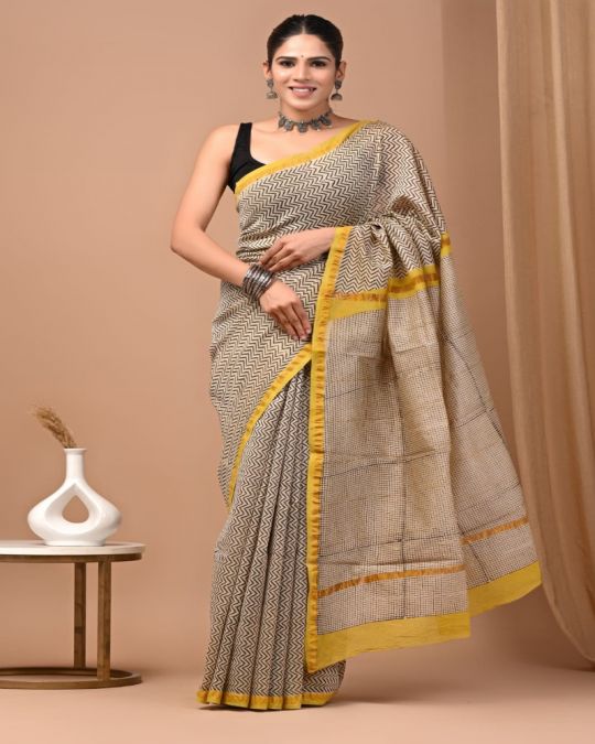 Bagru Hand Block Chanderi Silk Saree