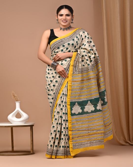 Bagru Hand Block Chanderi Silk Saree