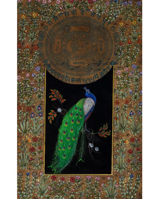 Peacock miniature painting on old stamp paper (unframed)