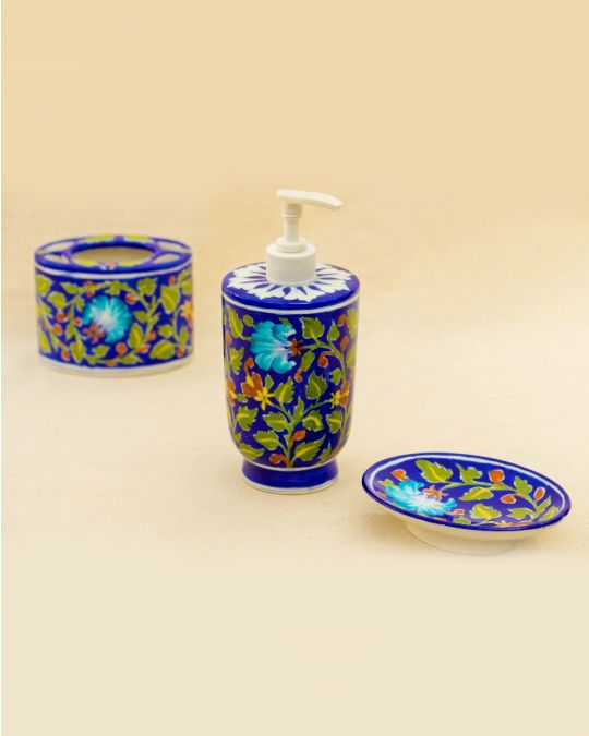 Blue Pottery Handcrafted Bathroom Accessories Set